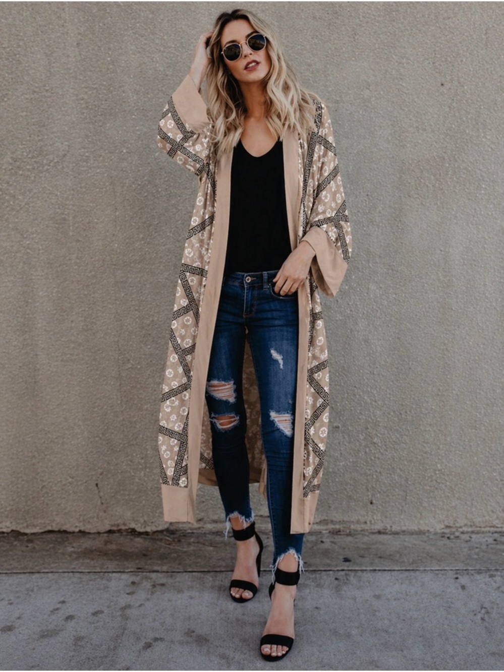 Beige Printed Kimono Cardigan Boho Long Open Front Lightweight Duster Women.